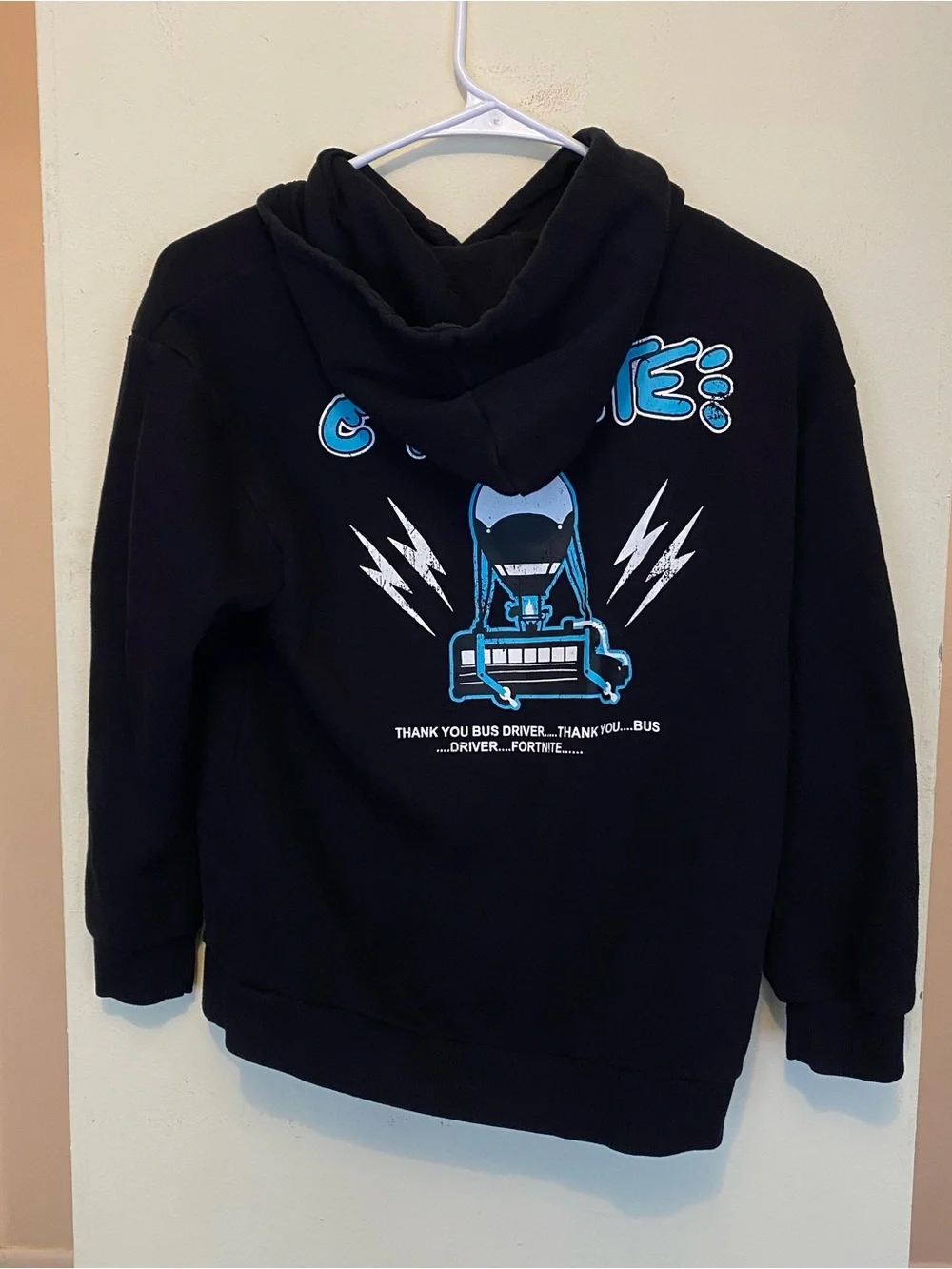 Fortnite Thank You Bus Driver Blue Graphic Black Sweatshirt Hoodie Boys 10/12